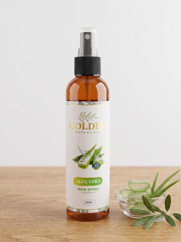 Golden Botanicals Aloe Vera Hair Spray 200ml bottle with fresh aloe
