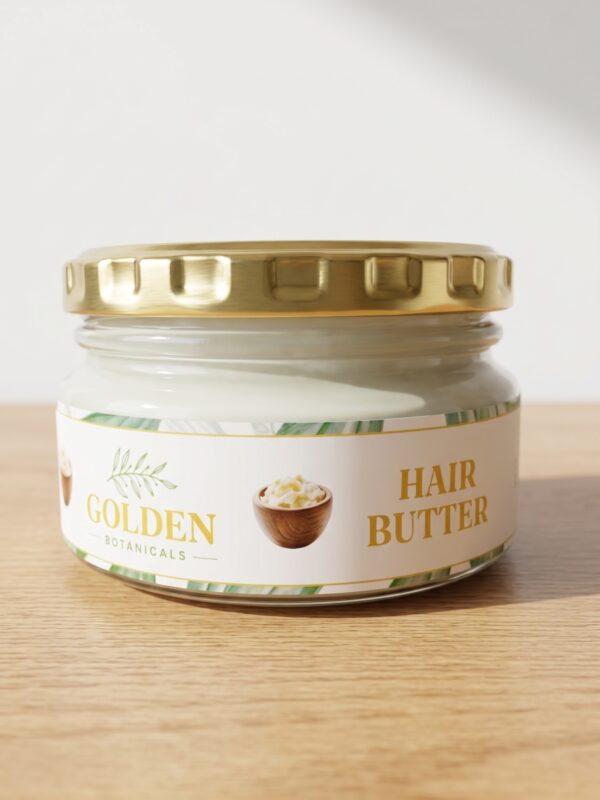 Golden Botanicals Hair Butter in a glass jar with gold lid