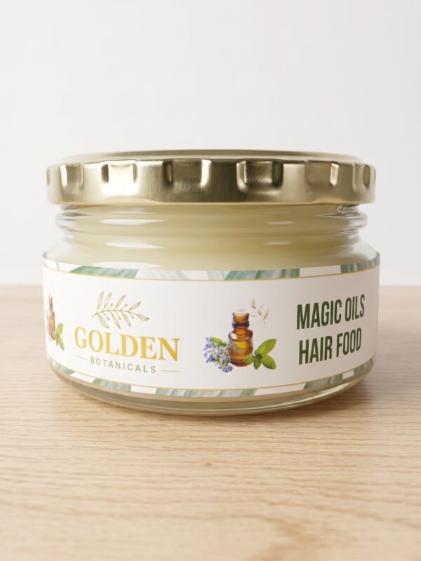 Golden Botanicals Magic Oils Hair Food in a glass jar with gold lid